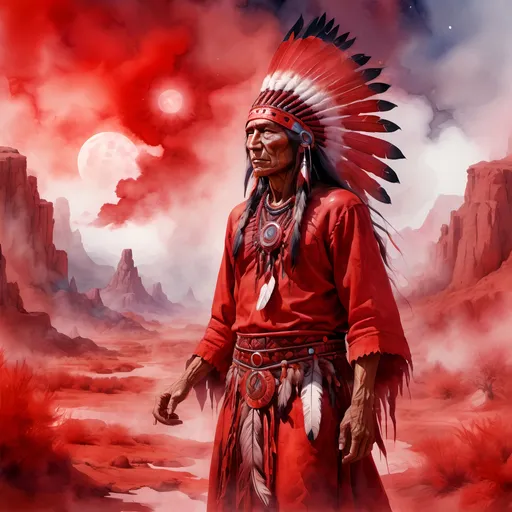 Prompt: Red world of red haze fantasy, the beautiful native american sorcerer who can control surreal dream, impressionism watercolor, 3d, extremely detailed, intricate, cinematic lighting