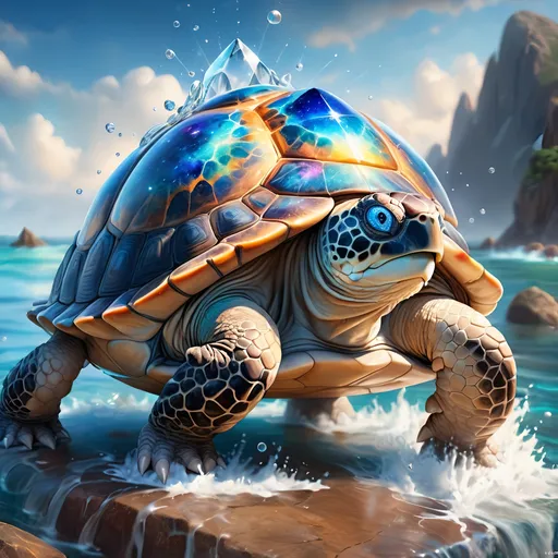 Prompt: Wizard turtle. Blue eyes. Water Elements. zoomed out view of character, 64k, hyper detailed, expressive, timid, graceful, beautiful, expansive silky mane, deep starry sky, golden ratio, precise, perfect proportions, vibrant, standing majestically on a tall crystal stone, hyper detailed, complementary colors, UHD, HDR, top quality artwork, beautiful detailed background, unreal 5, artstaion, deviantart, instagram, professional, masterpiece
