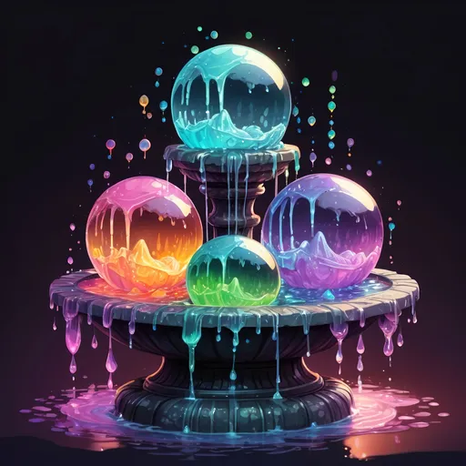 Prompt: A four-way fountain each side filled with strange glowing dancing crystal sphere dripping slime in many colors, in zen tangle art style

