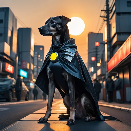 Prompt: mountain cur black dog in japanese cyberpunk city with sun set in a cape