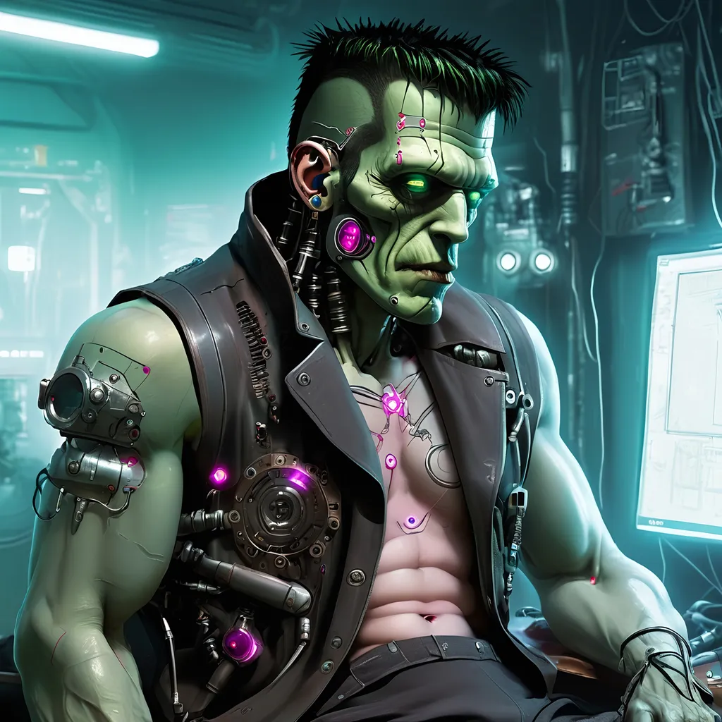 Prompt: cyberpunk frankenstein, technological modifications