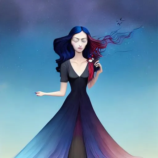 Prompt: In style of christian Schloe and daria Petrilli, a giant colorful bird flying with a beautiful cute girl with a very long and wild  ombre gradient blue hair on its back in a beautiful starry sky. Craquelure, egg tempera effect, Naive art, extremely detailed, optical illusion, oil painting 