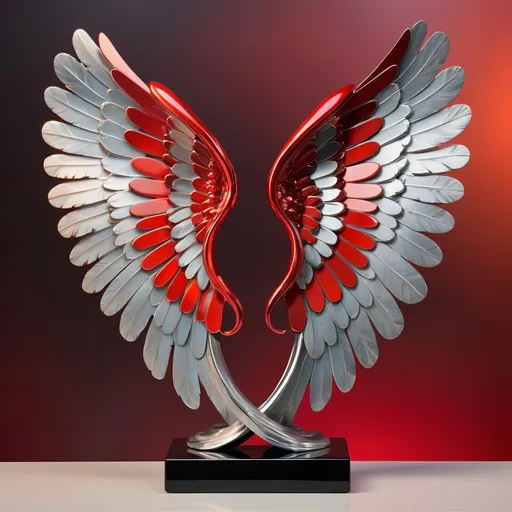 Prompt: Abstract metal tabletop sculpture in the shape of male angel wings glowing hot red, platinum and onyx, bright solid colored background, high quality, metallic, modern, vibrant colors, detailed textures, professional lighting