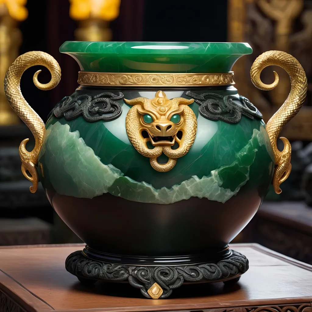 Prompt: Onyx and jade pot, gold serpent handles, ancient mystical artifact, detailed carvings, luxurious material, high quality, fantasy, antique style, rich green and black tones, dramatic lighting, intricate details