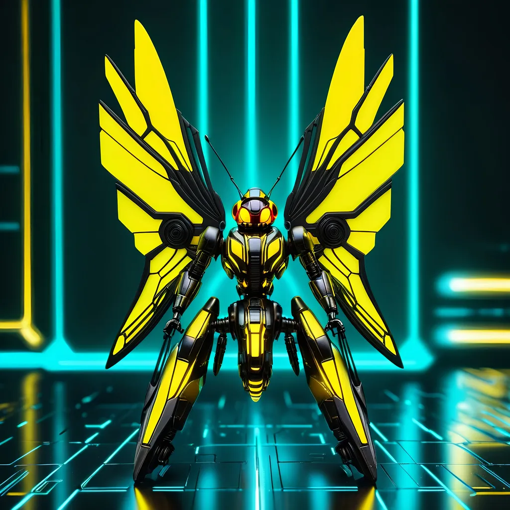 Prompt: Tiny hornet mech, metallic and sleek design, futuristic sci-fi style, detailed mechanical wings, intense yellow and black color scheme, sparkling neon lights, miniature scale, highres, ultra-detailed, sci-fi, futuristic, metallic sheen, mechanical wings, intense color scheme, miniature scale, neon lights, detailed design, professional, atmospheric lighting