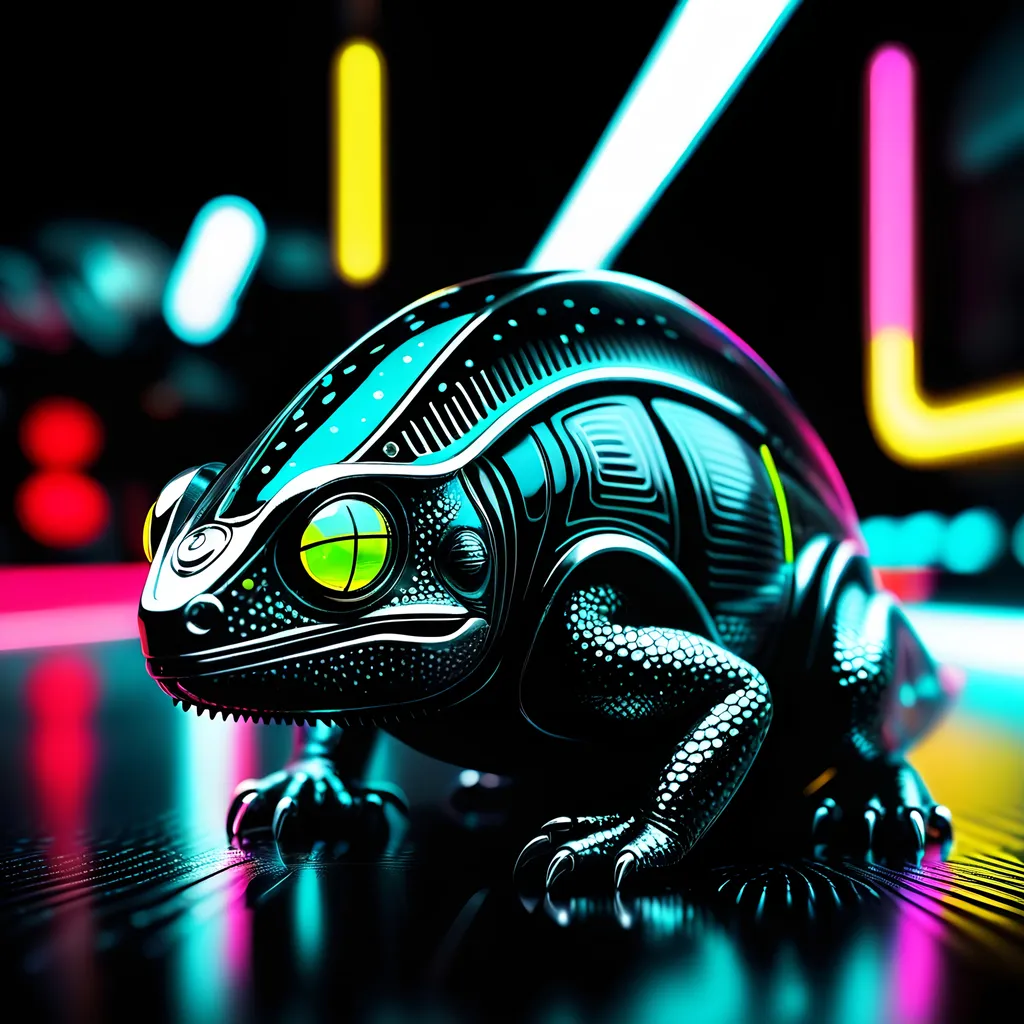 Prompt: small chameleon, metallic and sleek design, futuristic sci-fi style, intense black and white color scheme, sparkling neon lights, miniature scale, highres, ultra-detailed, sci-fi, futuristic, metallic sheen, intense color scheme, miniature scale, neon lights, detailed design, professional, atmospheric lighting