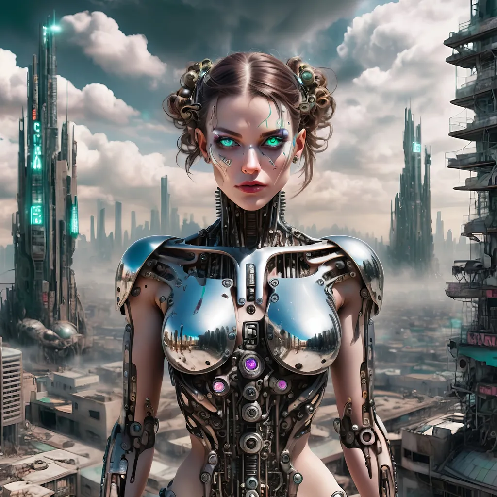 Panoramic full body view of anamorphic cyborg of fem...