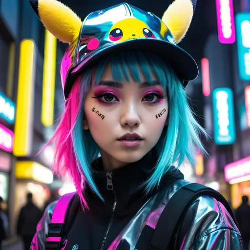 Prompt: Liquid metal Harajuku girl with vibrant colors, a Pikachu hat, futuristic fashion, neon-lit streets, anime, cyberpunk, metallic sheen, colorful hair, edgy makeup, urban setting, highres, vibrant colors, cyberpunk, liquid metal, anime, futuristic, neon-lit streets, vivid and vibrant, metallic sheen, edgy makeup, urban setting, high quality