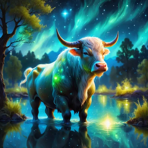 Prompt: An fantasy translucent dwarf bull that is glowing on a lake surrounded by willows. Starry night. Bioluminescent. Beautiful. Majestic. Graceful. Terrifying. Powerful. Highly detailed painting. 8k.