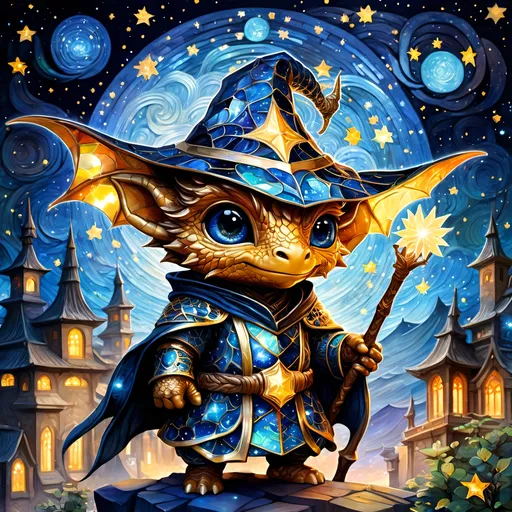 Prompt: an adorable chibi dragonborn wizard, dark starry night, gorgeous eyes, stained glass, fantasy illustration, textured with large visible brush strokes, detailed scales, hypermaximalism, astral patterns, star lit sky, masterpiece, breathtaking intricate details, in the style of Andreas Lie, van Gogh, Hokusai, Luke Gram, Albert Robida, Victo Ngai