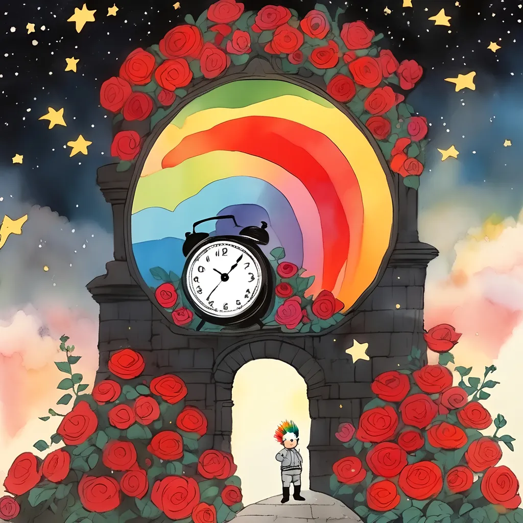 Prompt: in the style of sumi-e Outside a grand castle under a starry sky a cute adventurer with a rainbow mohawk gazes at a celestial time clock surrounded by red and black roses 