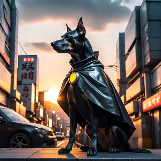 Prompt: mountain cur black dog in japanese cyberpunk city with sun set in a cape