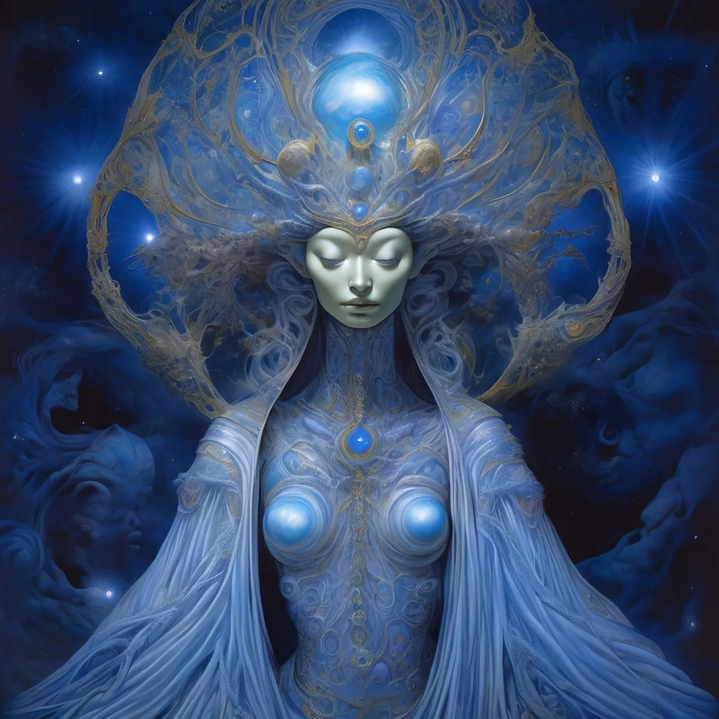 Prompt: celestial moon goddess wrapped in UV light tubes, by Guo Pei, Brian Froud, and Alex Grey 