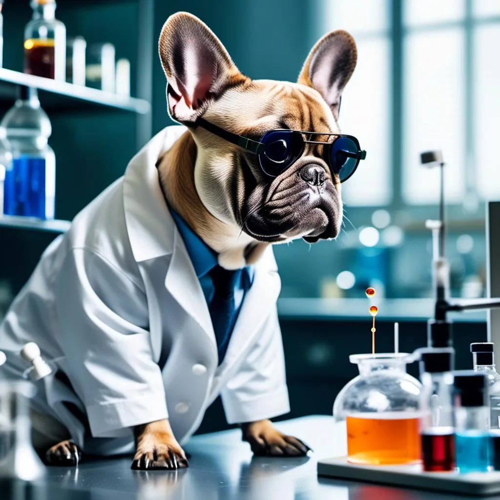 Prompt: <mymodel>French Bulldog synthesizing chemicals in a lab coat in a laboratory setting.