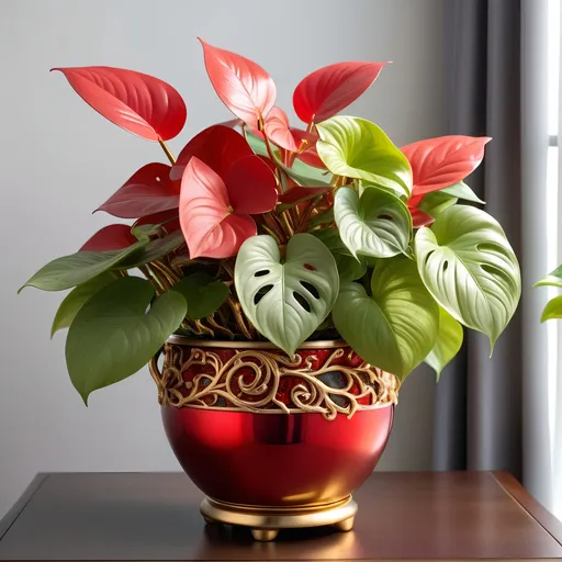 Prompt: Big Red quartz and metallic gold pot filled with pothos plant, shiny metallic surface, vibrant red and gold colors, intricate vine patterns, high quality, detailed, luxurious, elegant, realistic, warm lighting