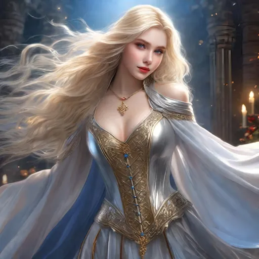 Prompt: beautiful girl age 18, pale skin delicate features, shy smile, perfect face, blue eyes, long flowing blonde hair, shiny silver tunic with high collar, gold metallic corset, short silver skirt, ((flowing red cloak tied at the neck)), silver heels, full length, 8K photo, key light.