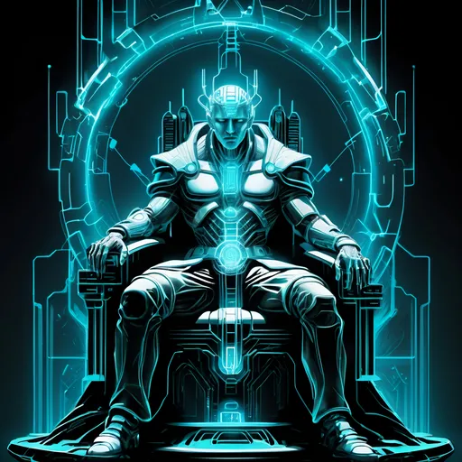 Prompt: aethereal cyber god, futuristic, luminescent, sitting on cyber throne, fine line drawing
