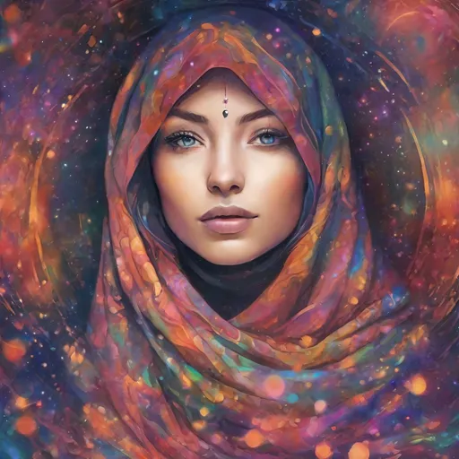 Prompt: Beautiful woman in hijab shooting galaxies from her eyes, digital illustration, cosmic atmosphere, intense gaze, flowing hijab with cosmic patterns, vibrant and dreamy, high quality, cosmic digital art, radiant colors, ethereal lighting