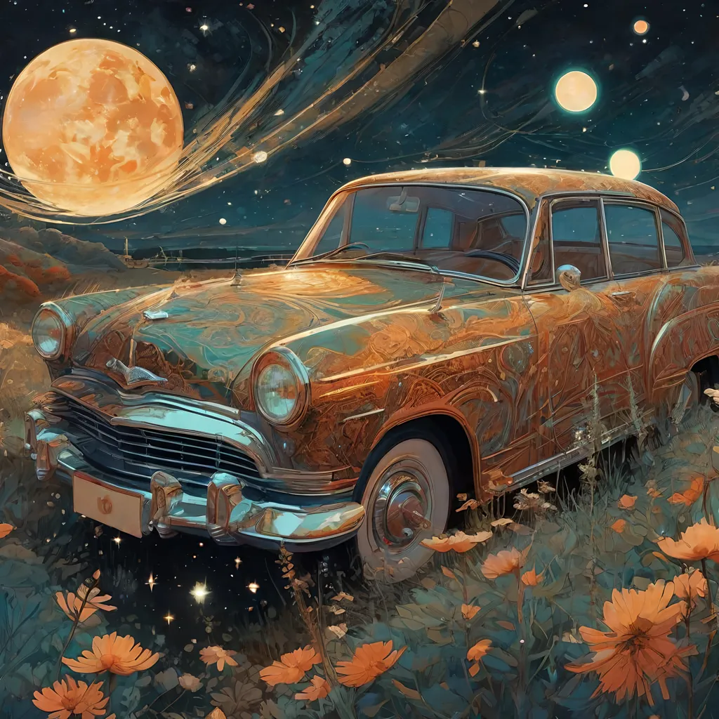 Prompt: a beautiful retro car, starry sky, highly detailed, intricate motifs, organic tracery, perfect composition, digital painting, artstation, concept art, smooth, sharp focus, illustration, Carne Griffiths,  Victo ngai, Jean Baptiste Monge, shiny aura, old but robust, bright but deep 