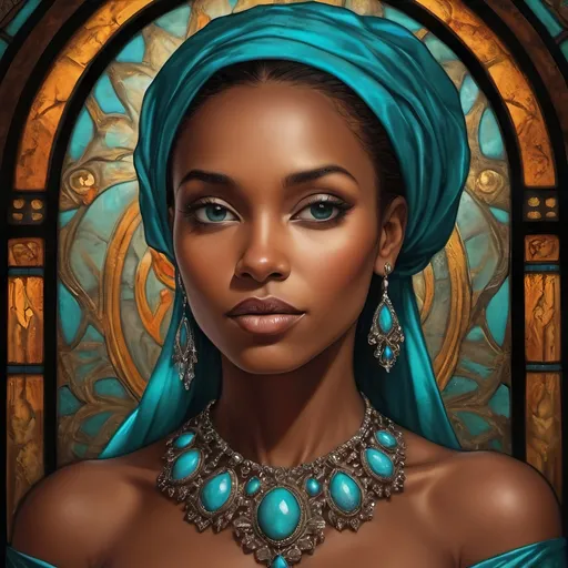 Prompt: Beautiful woman with extremely dark black complexion, elegant attire, high quality, realistic, wearing turquoise jewelry, soft lighting, detailed facial features, captivating eyes, graceful posture, cultural jewelry, regal ambiance