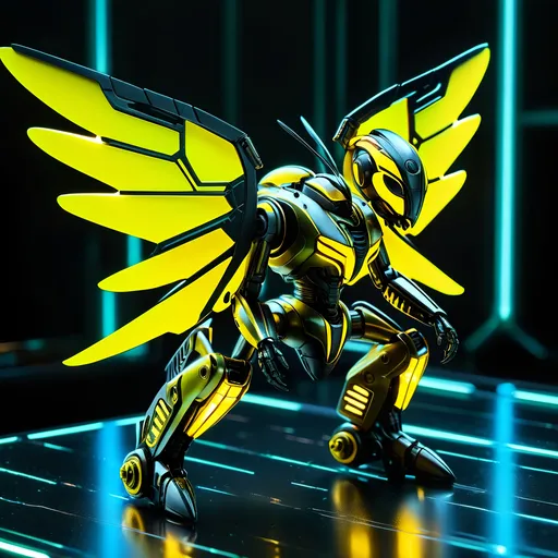 Prompt: Tiny hornet mech, metallic and sleek design, futuristic sci-fi style, detailed mechanical wings, intense yellow and black color scheme, sparkling neon lights, miniature scale, highres, ultra-detailed, sci-fi, futuristic, metallic sheen, mechanical wings, intense color scheme, miniature scale, neon lights, detailed design, professional, atmospheric lighting