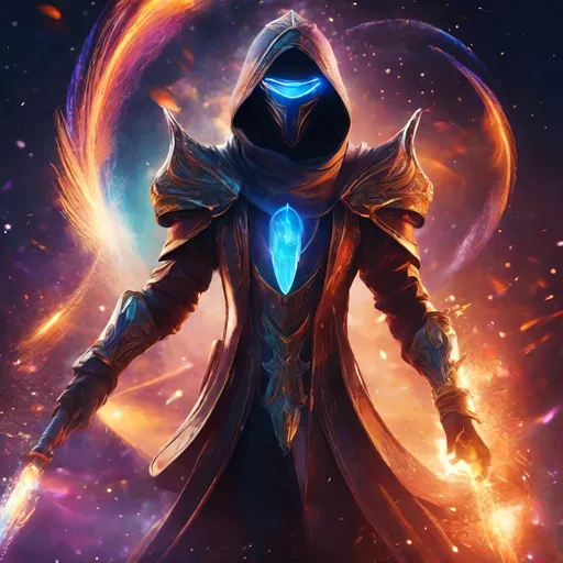 Prompt: Futuristic battle mage with faceless visor and fire magic, astral sorcerer, fireworks background, highres, futuristic, detailed visor, mystical, intense fire effects, cosmic colors, sorcery, magical, futuristic lighting