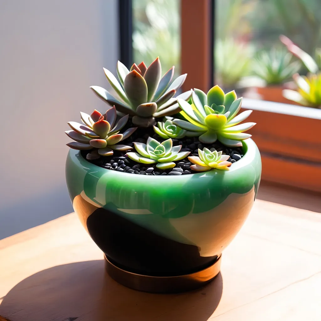 Prompt: Onyx and jade pot, succulents inside