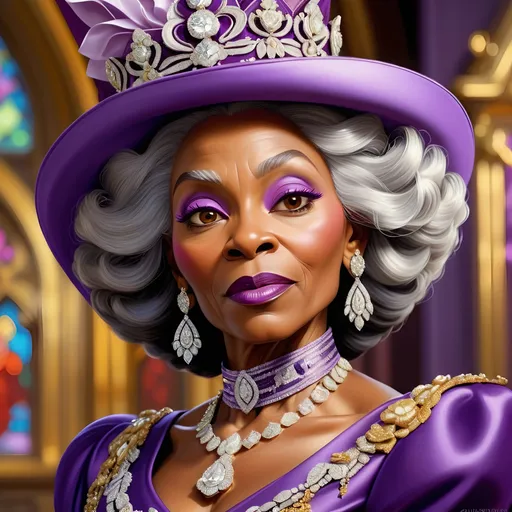 Prompt: Close-up oil painting of an elegant elderly black woman in a regal purple church outfit, adorned with diamond jewelry and carrying a diamond-encrusted purse overflowing with 100 dollar bills, detailed facial features, high-quality, realistic, vibrant colors, opulent style, warm lighting, regal attire, detailed diamonds, oil painting, close-up portrait