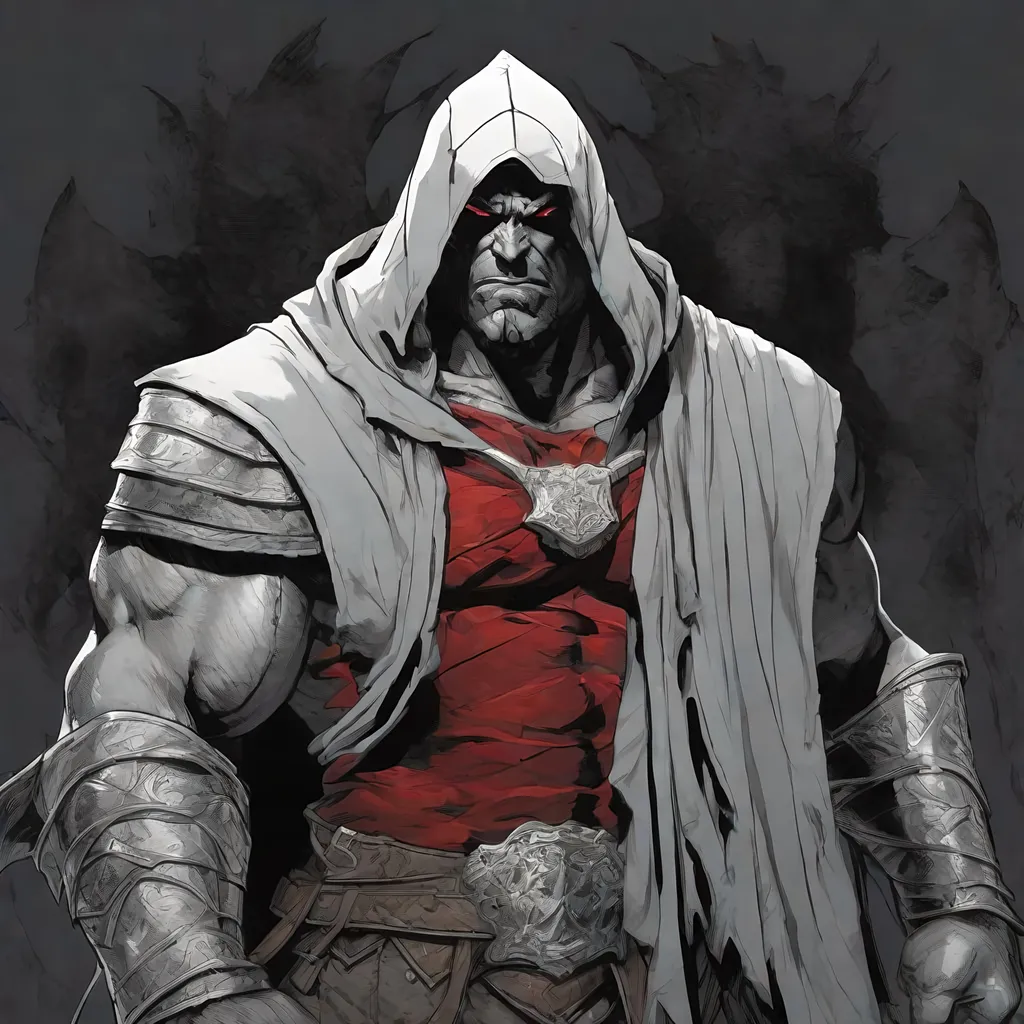 Prompt: Tall, Intimidating, Large, male, Solomon Grundy/goliath D&D build, black hair,  very dark grey scarred skin, covered in bandages, dark tattered cloth armor exposes his midriff, hood of magical darkness that completely shrouds his face with a mask of darkness, large red gem between pecs in chest, Path of the Zealot Barbarian, Strong, wielding large two-handed great-axe, Fantasy setting, D&D, Dead clerics around him, undead, zombie