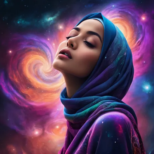 Prompt: Woman in hijab inhaling galaxy dust, cosmic background, high quality, digital art, cosmic, surreal, hijab with intricate patterns, ethereal glow, deep cosmic colors, galactic swirls, cosmic dust, nebula-inspired, vibrant and luminous tones, artistic lighting