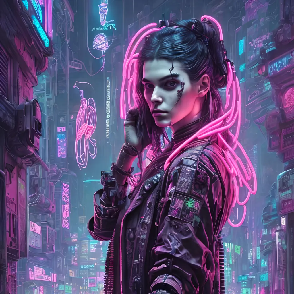 Prompt: A detailed portrait of a cyberpunk victorian pretty lady in a Futuristic Cityscape and Neon Pink Flamingo, Street Art, Graffiti Style, Bold, Digital Painting, Urban, Edgy, Colorful, 8K, Intricate Details illuminated by a neon sunset, by Alex Konstad, Tatsuya Ishida, and Patrick Brown, dramatic lighting, hyper-realistic details, with digital painting techniques, trending on Artstation, cinematic cinematic lighting.