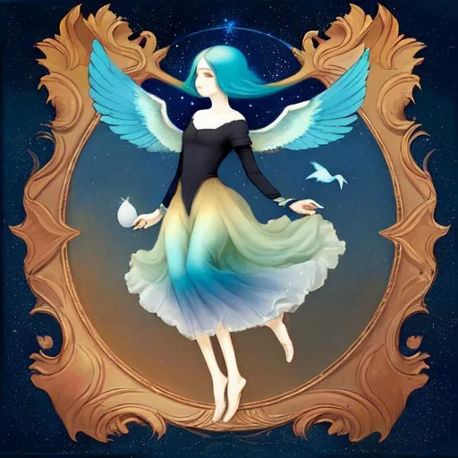 Prompt: In style of christian Schloe and daria Petrilli, a giant colorful bird flying with a beautiful cute girl with a very long and wild  ombre gradient blue hair on its back in a beautiful starry sky. Craquelure, egg tempera effect, Naive art, extremely detailed, optical illusion, oil painting 