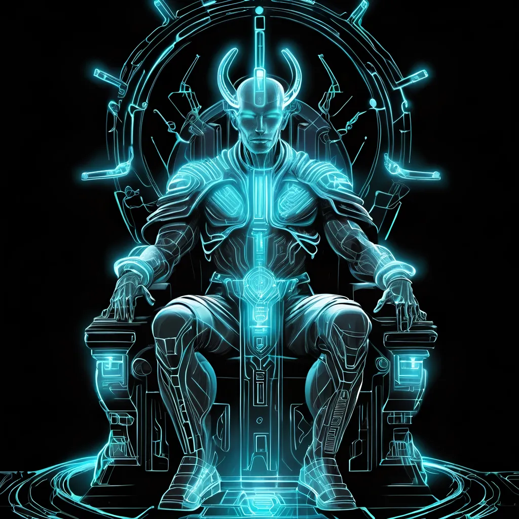 Prompt: aethereal cyber god, futuristic, luminescent, sitting on cyber throne, fine line drawing