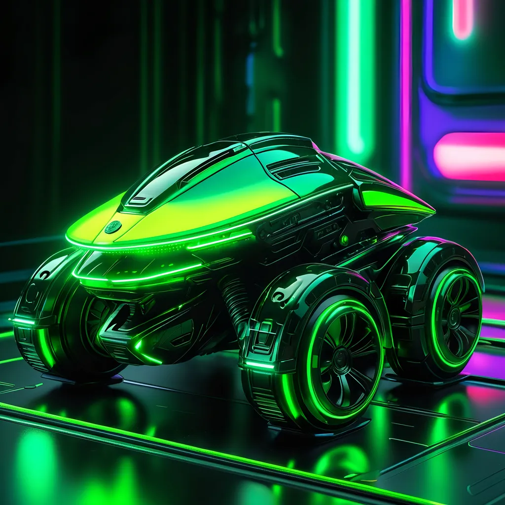 Prompt: Tiny frog mech, metallic and sleek design, futuristic sci-fi style, intense green and black color scheme, sparkling neon lights, miniature scale, highres, ultra-detailed, sci-fi, futuristic, metallic sheen, intense color scheme, miniature scale, neon lights, detailed design, professional, atmospheric lighting