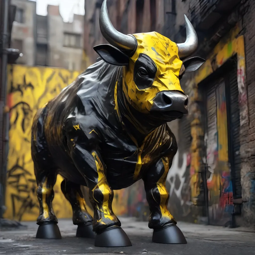 Prompt: A black and yellow translucent dwarf bull humanoid made of black carbon fiber, graffiti all over it, standing up in the ghetto, highly detailed painting, photorealistic, sparkles, magical atmosphere, 8k