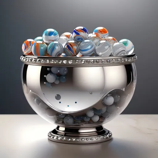 Prompt: Clear crystal pot with platinum accents, filled with marbles, highres, detailed, luxurious, 3D rendering, elegant, crystal clear, platinum shine, opulent, vibrant marbles, reflective surface