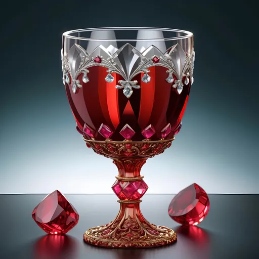 Prompt: Clear crystal goblet with intricate rubies, fire rises from it, high quality, detailed 3D rendering, elegant and luxurious, sparkling gemstones, crystal clear glass, vibrant and rich color reflections, sparkling diamonds, exquisite craftsmanship, luxury, high-res, ultra-detailed, 3D rendering, elegant, luxurious, intricate details, vibrant colors, sparkling gems, crystal clear, exquisite craftsmanship