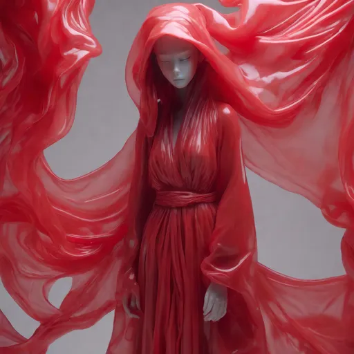 Prompt: red Poltergeist ghostly figures, silouet plastic, slumped/draped, xiaofei yue, hurufiyya, in the style of ethereal calm and serene beauty, mysterious beauty, wrappedbio-art, Artgerm 