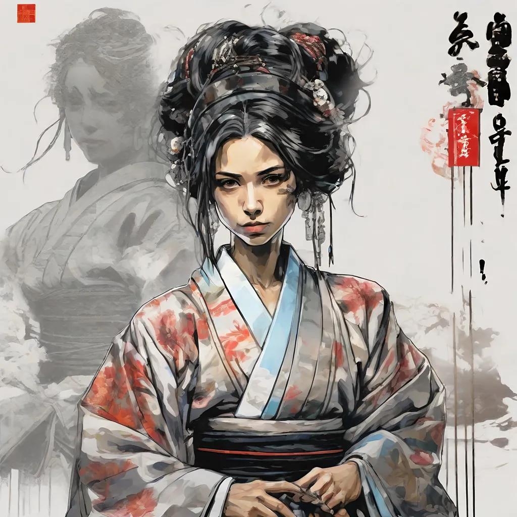 Prompt: (((Yoji Shinkawa))), sticker of ultra detailed portrait of Naomi Scott in japanese kimono,Kanzashi head accessories, high quality cell shaded illustration in post apocalyptic style by Yoji Shinkawa,(((sitting kneeling pose))), ((zoomed in face)),  (((katana))), (((Detailed hands))),perfect anatomy, centered, freedom, soul, blue and pink long hair, approach to perfection, cell shading, 4k , cinematic dramatic atmosphere, watercolor painting, global illumination, detailed and intricate environment, artstation, concept art, fluid and sharp focus, volumetric lighting, cinematic lighting, Art by Yoji Shinkawa and by Ilya Kuvshinov 
