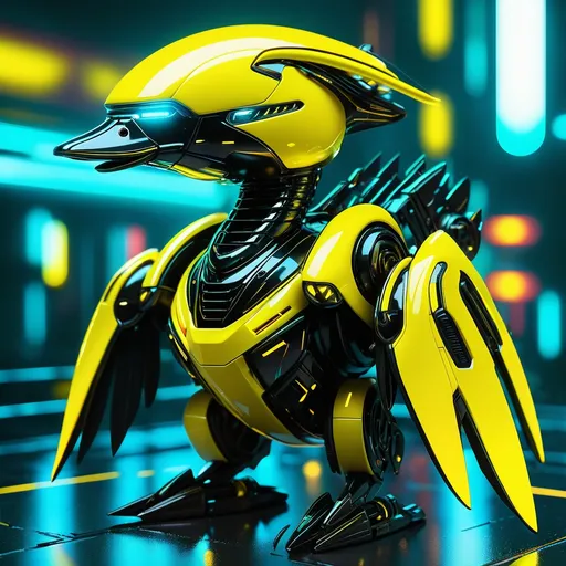 Prompt: Tiny duck mech, metallic and sleek design, futuristic sci-fi style, intense yellow and black color scheme, sparkling neon lights, miniature scale, highres, ultra-detailed, sci-fi, futuristic, metallic sheen, intense color scheme, miniature scale, neon lights, detailed design, professional, atmospheric lighting