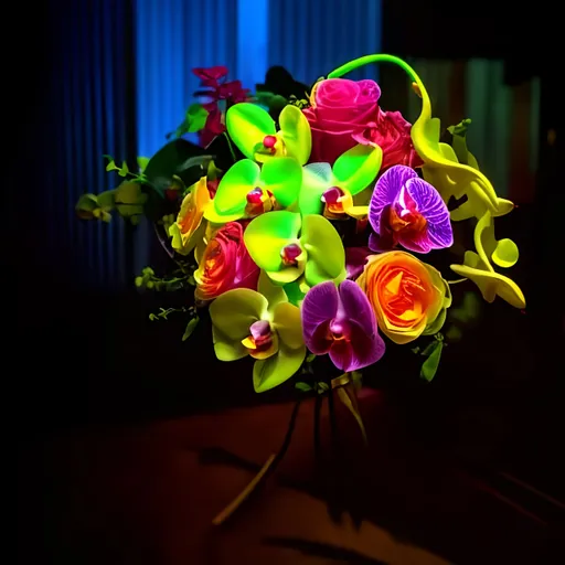 Prompt: Bouquet of brightly lit neon roses and orchids In the dark