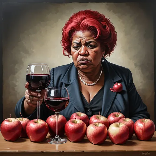 Prompt: Big Mama Bertha, mafia, Final Rage of Court Case, Flowing red Sadness, red Wine of Anarchy, red apples by Daniel Overwall