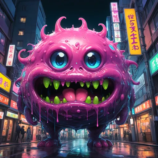 Prompt: Anime illustration of a vibrant slime monster, bright and vivid colors, urban Tokyo street setting, oozing texture, detailed gooey substance, playful and mischievous expression, neon-lit cityscape, high quality, anime, vibrant colors, ooze, Tokyo street, detailed texture, mischievous expression, urban setting, neon lights, highres, playful