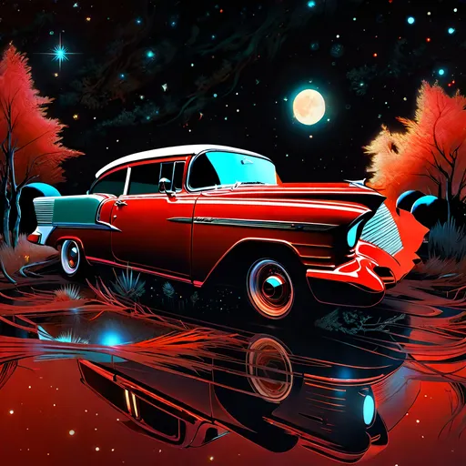 Prompt: a beautiful red 55 chevy, starry sky, highly detailed, intricate motifs, organic tracery, perfect composition, digital painting, artstation, concept art, smooth, sharp focus, illustration, Carne Griffiths,  Victo ngai, Jean Baptiste Monge, shiny aura, old but robust, bright but deep 