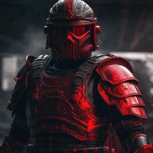 Prompt: A modern roman military male in black military armor covered in red L.E.D. strips, galea helmet of roman armor, and gas mask, background World War 3, Hyperrealistic, sharp focus, Professional, UHD, HDR, 8K, Render, electronic, dramatic, vivid, pressure, nervous vibe, loud, tension, dark, Epic