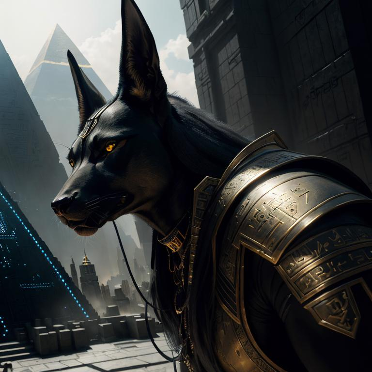 Prompt: portrait the egyptian male anubis, cyberpunk, black, pyramid, hyperdetailed eyes, hyperrealism extremely detailed epic masterwork, dark fantasy detailed matte painting by Greg Rutkowski 8k resolution concept art intricately detailed Splash art trending on Artstation dynamic lighting Eldritch hyperdetailed, Hyperrealistic, splash art, concept art, mid shot, intricately detailed, color depth, dramatic, 2/3 face angle, side light, colorful background