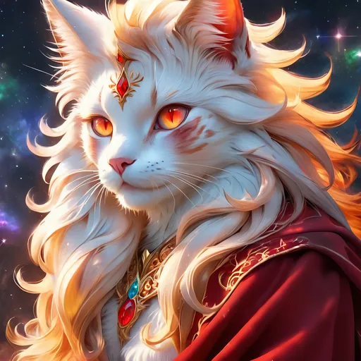 Prompt: wizard cat with {red fur} and {ruby red eyes}, senior female cat, fire element, flame, Erin Hunter, gorgeous anime portrait, beautiful cartoon, 2d cartoon, beautiful 8k eyes, elegant {red fur}, pronounced scar on chest, fine oil painting, modest, gazing at viewer, beaming red eyes, glistening red fur, low angle view, zoomed out view of character, 64k, hyper detailed, expressive, timid, graceful, beautiful, expansive silky mane, deep starry sky, golden ratio, precise, perfect proportions, vibrant, standing majestically on a tall crystal stone, hyper detailed, complementary colors, UHD, HDR, top quality artwork, beautiful detailed background, unreal 5, artstaion, deviantart, instagram, professional, masterpiece