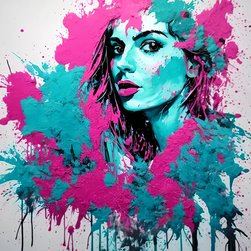 Prompt: woman, magenta and turquoise paint splatter