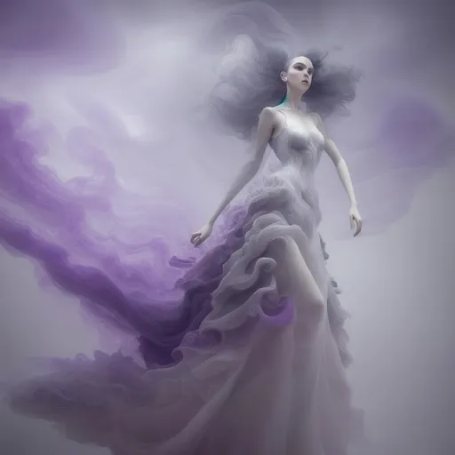 Prompt: model wearing a dress made of purple smoke and fog, futuristic dress by cibeta, in the style of samantha keely smith, yanjun cheng, rosalba carriera, weathercore, white and gray, mythical, vorticism