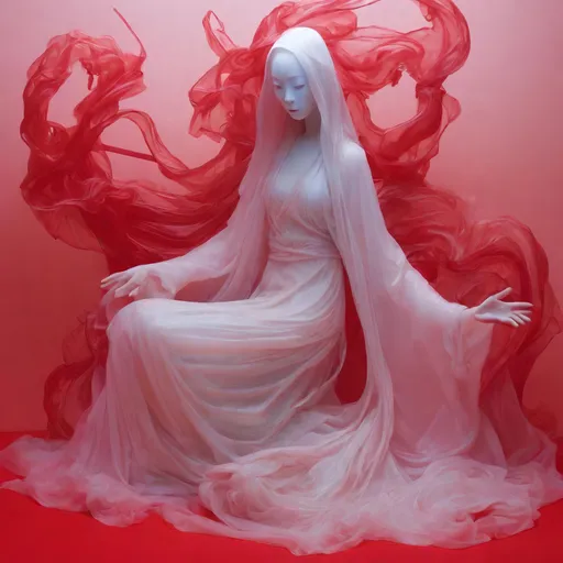 Prompt: red Poltergeist ghostly figures, silouet plastic, slumped/draped, xiaofei yue, hurufiyya, in the style of ethereal calm and serene beauty, mysterious beauty, wrappedbio-art, Artgerm 